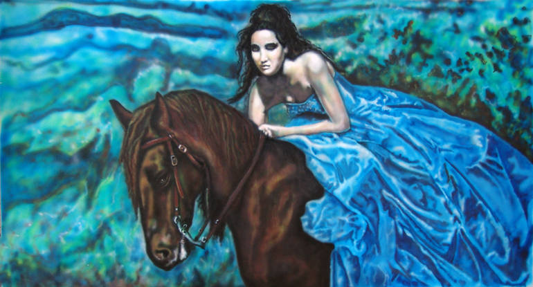 Girl in a blue dress on a horse, Andrejs Bovtovičs