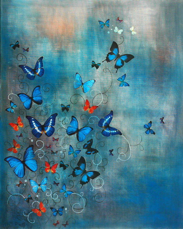 SOLD Butterflies on Blue, Lily Greenwood