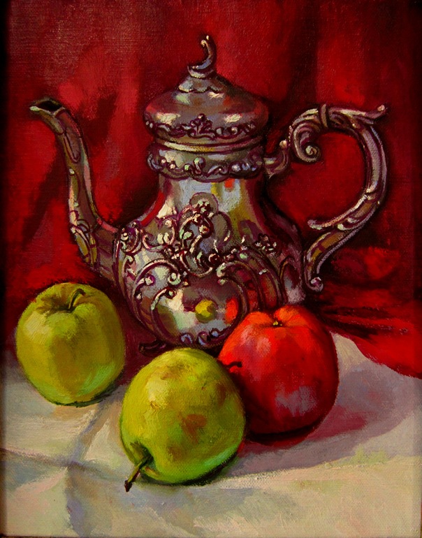 Silver coffee pot and apples, Annemarie Holloway