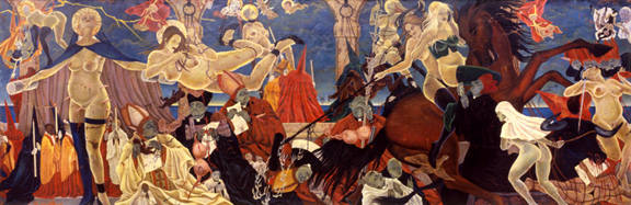 The Cloisters/Venus and Pope's Bullfight, 2006 - 07, Oil on canvas, gold leaf frame, 101 x 300-1/2 in. Private Colletion, Europe , Masami Teraoka